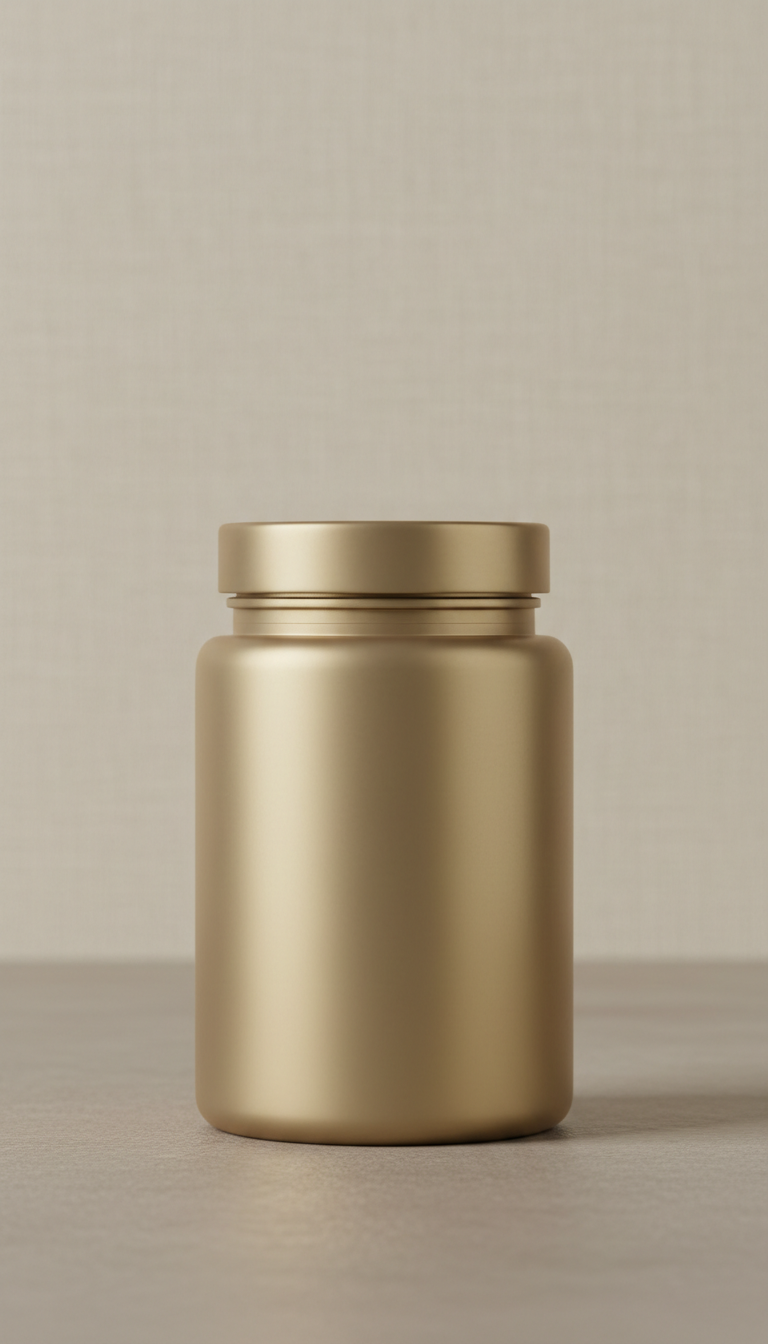 Wellness supplement jar in matte gold